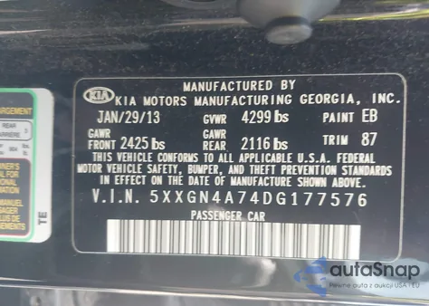 2013 Kia Optima Ex from USA, damaged, VIN 5XXGN4A74DG177576